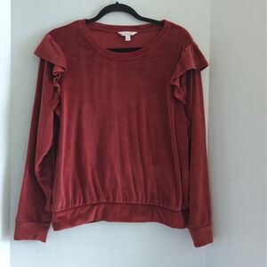 LC Lauren Conrad Dark Brick Red Velour Pullover Long Sleeve Top w Ruffle Size L